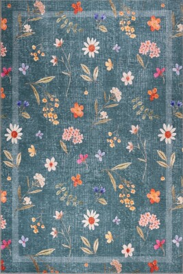Florart petrol Yeşilii Çiçek Desenli Dokuma Tabanlı Modern Şönil Halı AL 549 - 2
