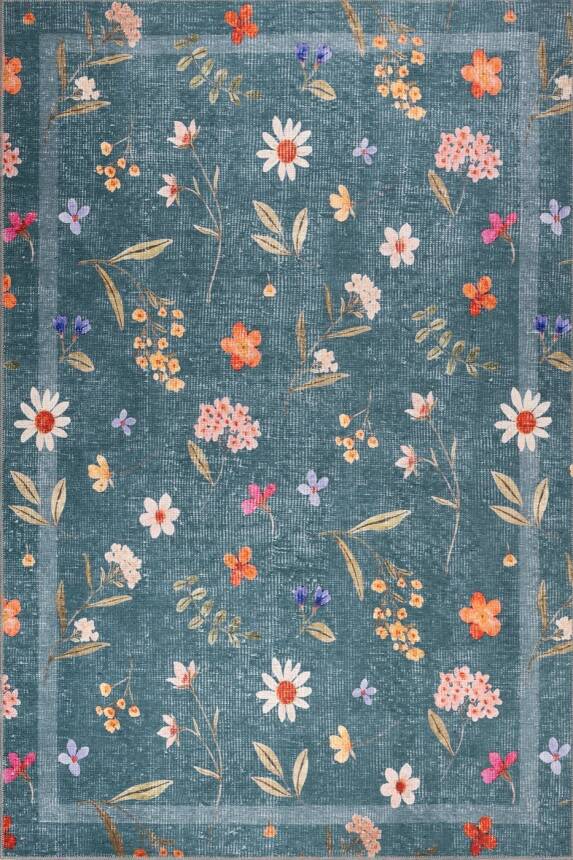 Florart petrol Yeşilii Çiçek Desenli Dokuma Tabanlı Modern Şönil Halı AL 549 - 2