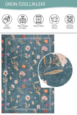 Florart petrol Yeşilii Çiçek Desenli Dokuma Tabanlı Modern Şönil Halı AL 549 - 5