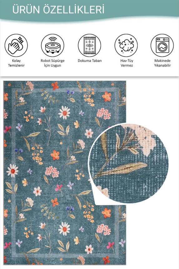 Florart petrol Yeşilii Çiçek Desenli Dokuma Tabanlı Modern Şönil Halı AL 549 - 5