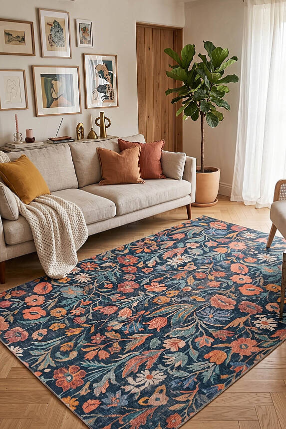 Florart Renkli Kır Çiçekli Modern Desenli Dokuma Tabanlı Şönil Halı AL 589 - 1