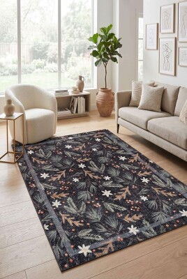 Florart Siyah Çiçek Desenli Dokuma Tabanlı Modern Şönil Halı AL 535 - Artloop - Florart Halı Koleksiyonu