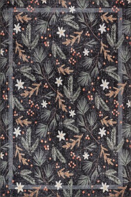 Florart Siyah Çiçek Desenli Dokuma Tabanlı Modern Şönil Halı AL 535 - 2