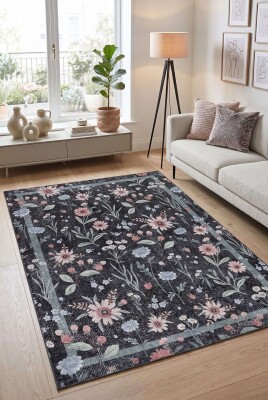 Florart Siyah Çiçek Desenli Dokuma Tabanlı Modern Şönil Halı AL 538 - Artloop - Florart Halı Koleksiyonu