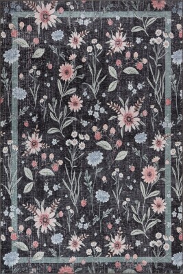 Florart Siyah Çiçek Desenli Dokuma Tabanlı Modern Şönil Halı AL 538 - 2