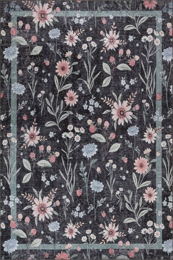 Florart Siyah Çiçek Desenli Dokuma Tabanlı Modern Şönil Halı AL 538 - 2