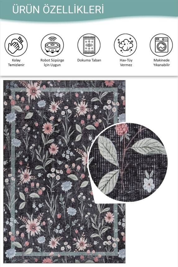 Florart Siyah Çiçek Desenli Dokuma Tabanlı Modern Şönil Halı AL 538 - 5