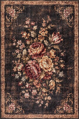 Florart Siyah Goblen Vintage Çiçek Desenli Dokuma Tabanlı Şönil Halı AL 558 - Artloop - Siyah Halılar