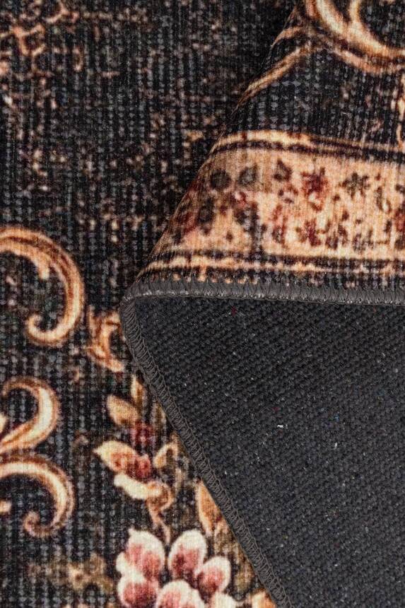 Florart Siyah Goblen Vintage Çiçek Desenli Dokuma Tabanlı Şönil Halı AL 558 - 3
