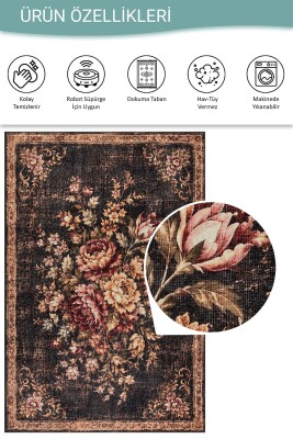 Florart Siyah Goblen Vintage Çiçek Desenli Dokuma Tabanlı Şönil Halı AL 558 - 5