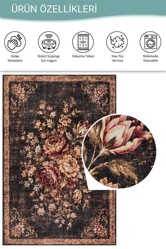 Florart Siyah Goblen Vintage Çiçek Desenli Dokuma Tabanlı Şönil Halı AL 558 - 5