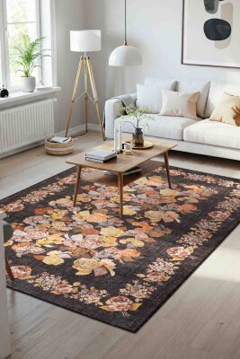 Florart Siyah Vintage Dokulu Gül Desenli Dokuma Tabanlı Çiçekli Şönil Halı AL 484 - 1