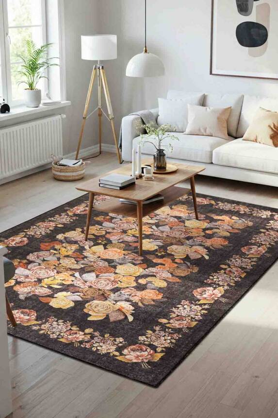 Florart Siyah Vintage Dokulu Gül Desenli Dokuma Tabanlı Çiçekli Şönil Halı AL 484 - 1