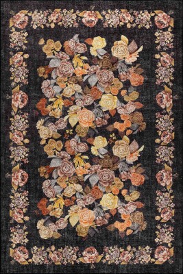 Florart Siyah Vintage Dokulu Gül Desenli Dokuma Tabanlı Çiçekli Şönil Halı AL 484 - 2