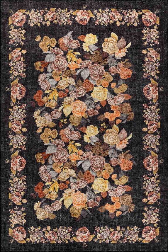 Florart Siyah Vintage Dokulu Gül Desenli Dokuma Tabanlı Çiçekli Şönil Halı AL 484 - 2