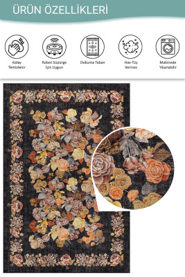 Florart Siyah Vintage Dokulu Gül Desenli Dokuma Tabanlı Çiçekli Şönil Halı AL 484 - 4