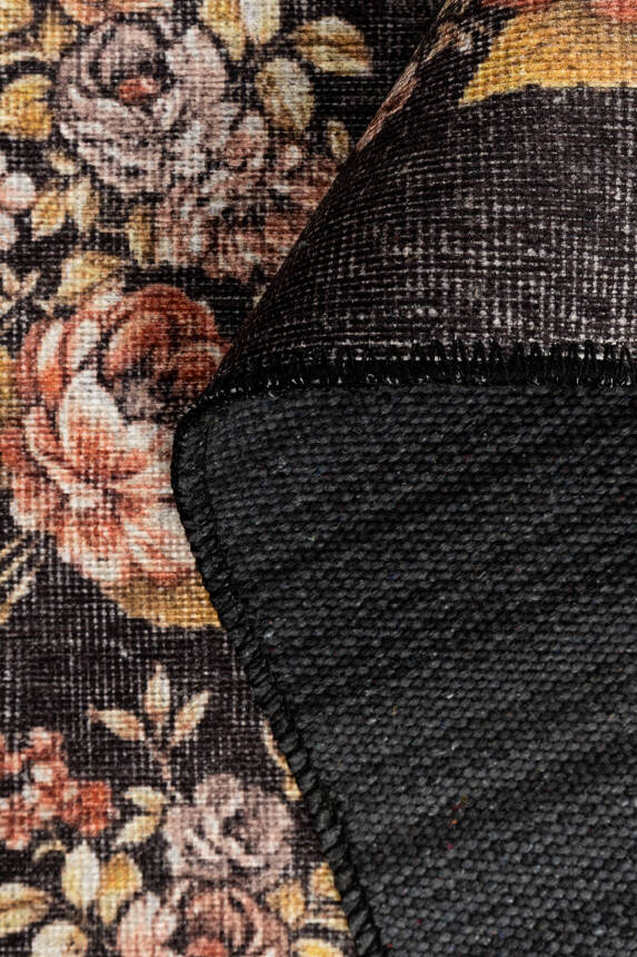 Florart Siyah Vintage Dokulu Gül Desenli Dokuma Tabanlı Çiçekli Şönil Halı AL 484 - 5