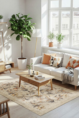 Florart Bej / Kahverengi Vintage Dokulu Çiçek Desenli Dokuma Tabanlı Şönil Halı AL 468 - 1