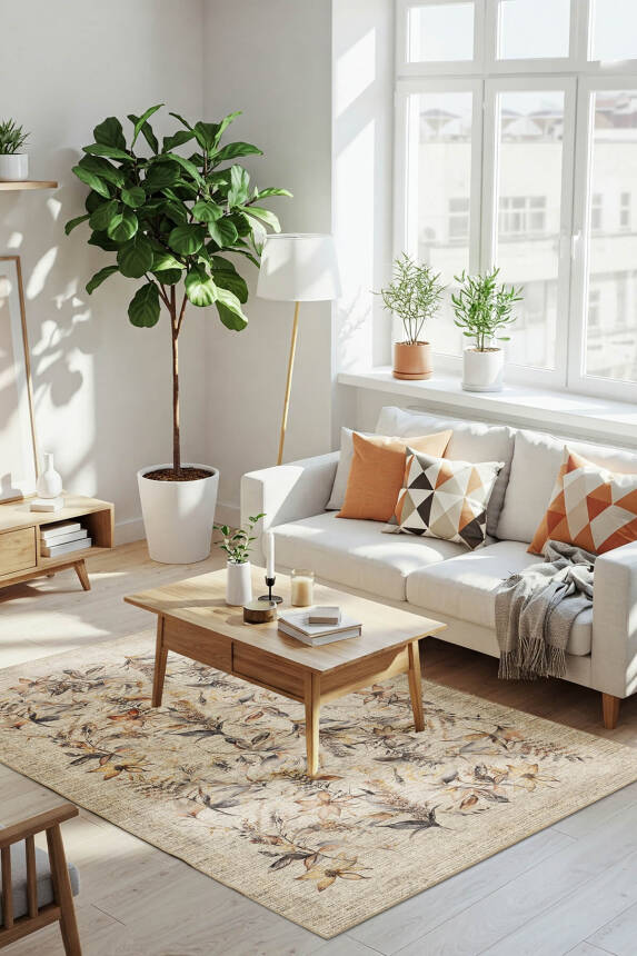Florart Bej / Kahverengi Vintage Dokulu Çiçek Desenli Dokuma Tabanlı Şönil Halı AL 468 - 1
