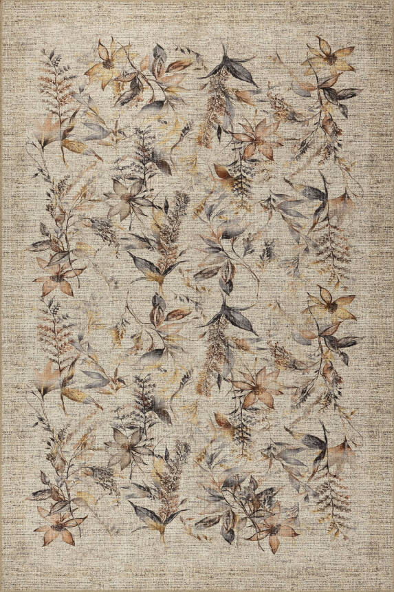 Florart Bej / Kahverengi Vintage Dokulu Çiçek Desenli Dokuma Tabanlı Şönil Halı AL 468 - 2