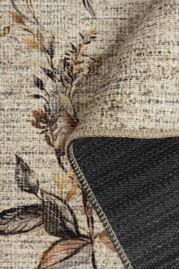 Florart Bej / Kahverengi Vintage Dokulu Çiçek Desenli Dokuma Tabanlı Şönil Halı AL 468 - 5