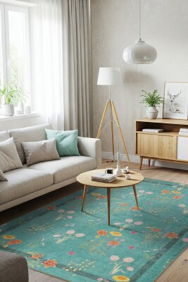 Florart Turkuaz / Turuncu Doğa Temalı Çiçekli Dokuma Tabanlı Modern Şönil Halı AL 491 - 1