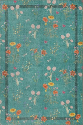 Florart Turkuaz / Turuncu Doğa Temalı Çiçekli Dokuma Tabanlı Modern Şönil Halı AL 491 - 2