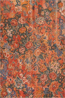 Florart Turuncu Çiçek Desenli Modern Dokuma Tabanlı Şönil Halı AL 604 - Artloop - Modern Halılar