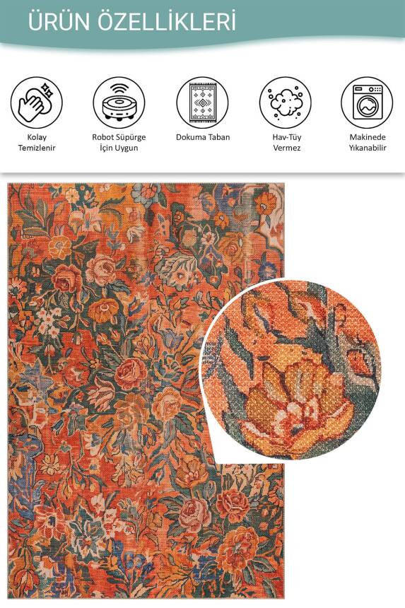 Florart Turuncu Çiçek Desenli Modern Dokuma Tabanlı Şönil Halı AL 604 - 5