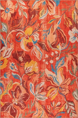 Florart Turuncu Floral Çiçek Desenli Modern Dokuma Tabanlı Şönil Halı AL 602 - Artloop