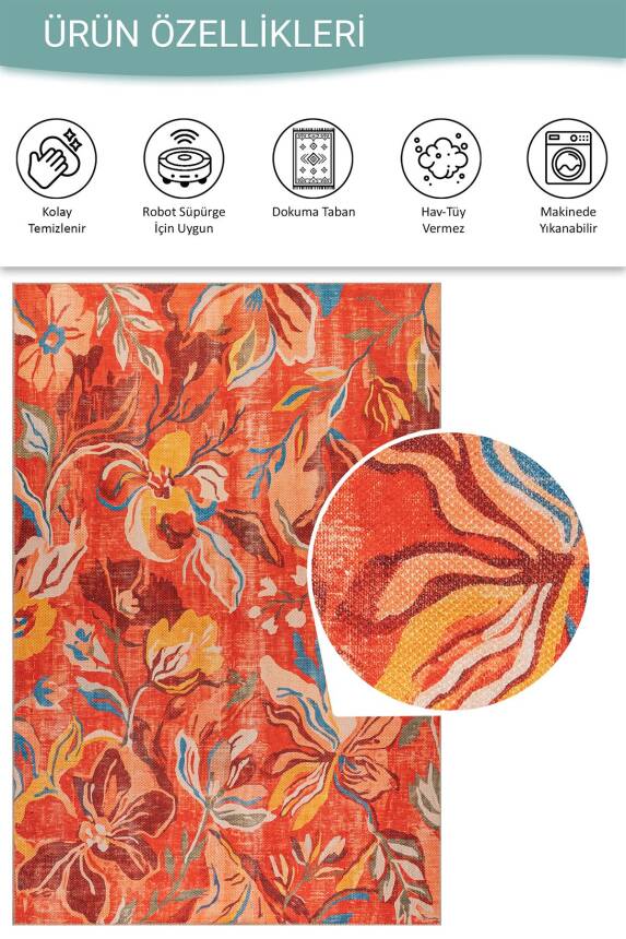 Florart Turuncu Floral Çiçek Desenli Modern Dokuma Tabanlı Şönil Halı AL 602 - 5