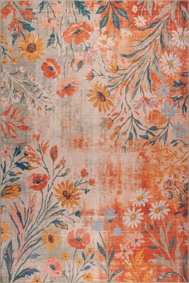Florart Turuncu Kır Çiçekli Modern Desenli Dokuma Tabanlı Şönil Halı AL 613 - Artloop - Turuncu Halılar