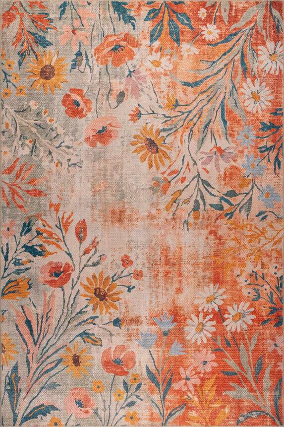 Florart Turuncu Kır Çiçekli Modern Desenli Dokuma Tabanlı Şönil Halı AL 613 - 1