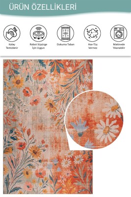 Florart Turuncu Kır Çiçekli Modern Desenli Dokuma Tabanlı Şönil Halı AL 613 - 5