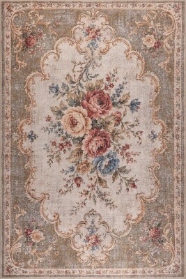 Florart Vizon Krem Vintage Goblen Çiçek Aranjman Desenli Dokuma Tabanlı Şönil Halı AL 584 - Artloop - Krem Halılar