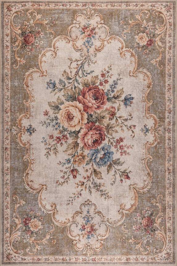 Florart Vizon Krem Vintage Goblen Çiçek Aranjman Desenli Dokuma Tabanlı Şönil Halı AL 584 - 1