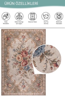 Florart Vizon Krem Vintage Goblen Çiçek Aranjman Desenli Dokuma Tabanlı Şönil Halı AL 584 - 5