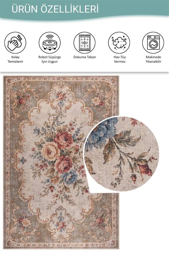 Florart Vizon Krem Vintage Goblen Çiçek Aranjman Desenli Dokuma Tabanlı Şönil Halı AL 584 - 5