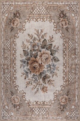 Florart Vizon Krem Vintage Goblen Çiçekli Klasik Desenli Dokuma Tabanlı Şönil Halı AL 578 - 2