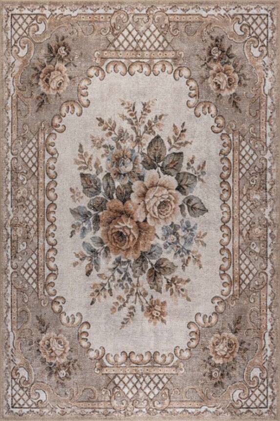 Florart Vizon Krem Vintage Goblen Çiçekli Klasik Desenli Dokuma Tabanlı Şönil Halı AL 578 - 2