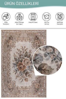 Florart Vizon Krem Vintage Goblen Çiçekli Klasik Desenli Dokuma Tabanlı Şönil Halı AL 578 - 6