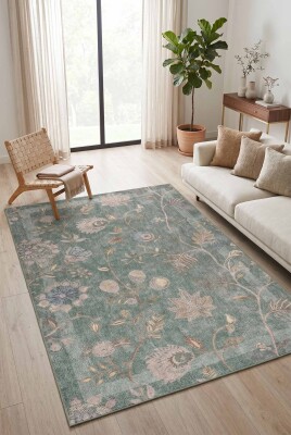 Florart Yeşil Çiçek Desenli Dokuma Tabanlı Modern Şönil Halı AL 543 - Artloop - Florart Halı Koleksiyonu
