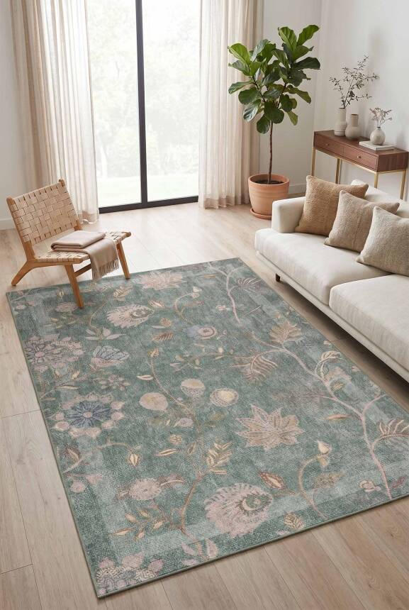 Florart Yeşil Çiçek Desenli Dokuma Tabanlı Modern Şönil Halı AL 543 - 1