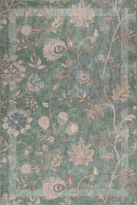 Florart Yeşil Çiçek Desenli Dokuma Tabanlı Modern Şönil Halı AL 543 - 2