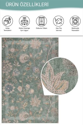 Florart Yeşil Çiçek Desenli Dokuma Tabanlı Modern Şönil Halı AL 543 - 5