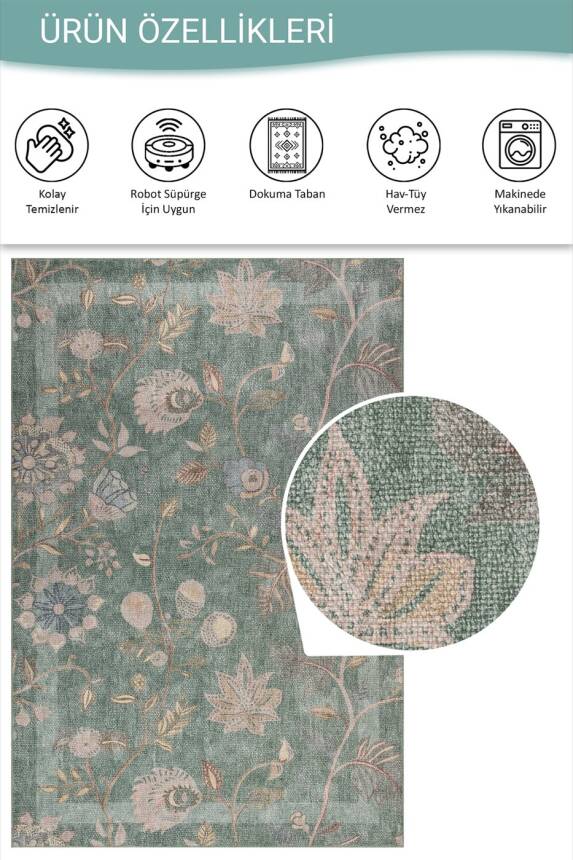 Florart Yeşil Çiçek Desenli Dokuma Tabanlı Modern Şönil Halı AL 543 - 5