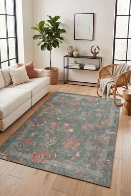 Florart Yeşil Çiçek Desenli Dokuma Tabanlı Modern Şönil Halı AL 544 - Artloop - Florart Halı Koleksiyonu