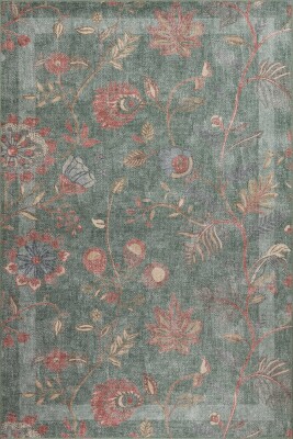 Florart Yeşil Çiçek Desenli Dokuma Tabanlı Modern Şönil Halı AL 544 - 2