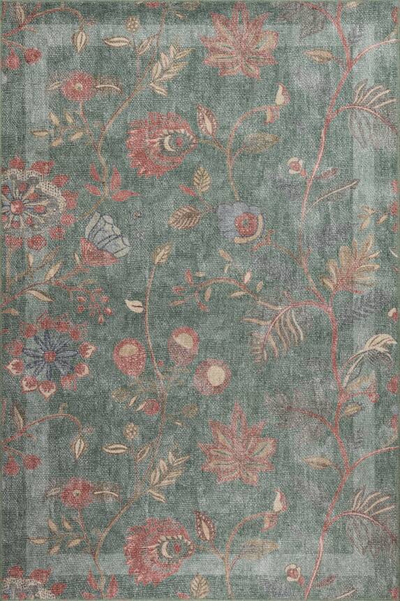Florart Yeşil Çiçek Desenli Dokuma Tabanlı Modern Şönil Halı AL 544 - 2