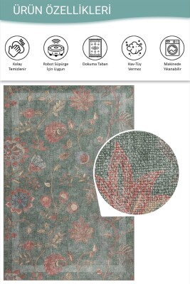 Florart Yeşil Çiçek Desenli Dokuma Tabanlı Modern Şönil Halı AL 544 - 5